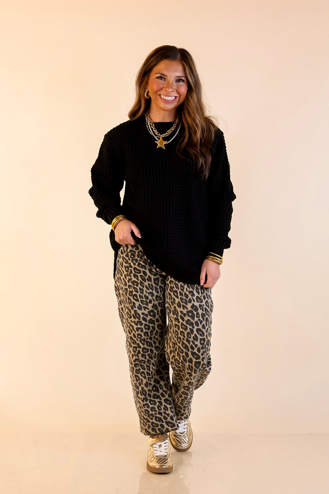 Cool Day Classic Scoop Neck Long Sleeve Large Waffle Knit Sweater in Black