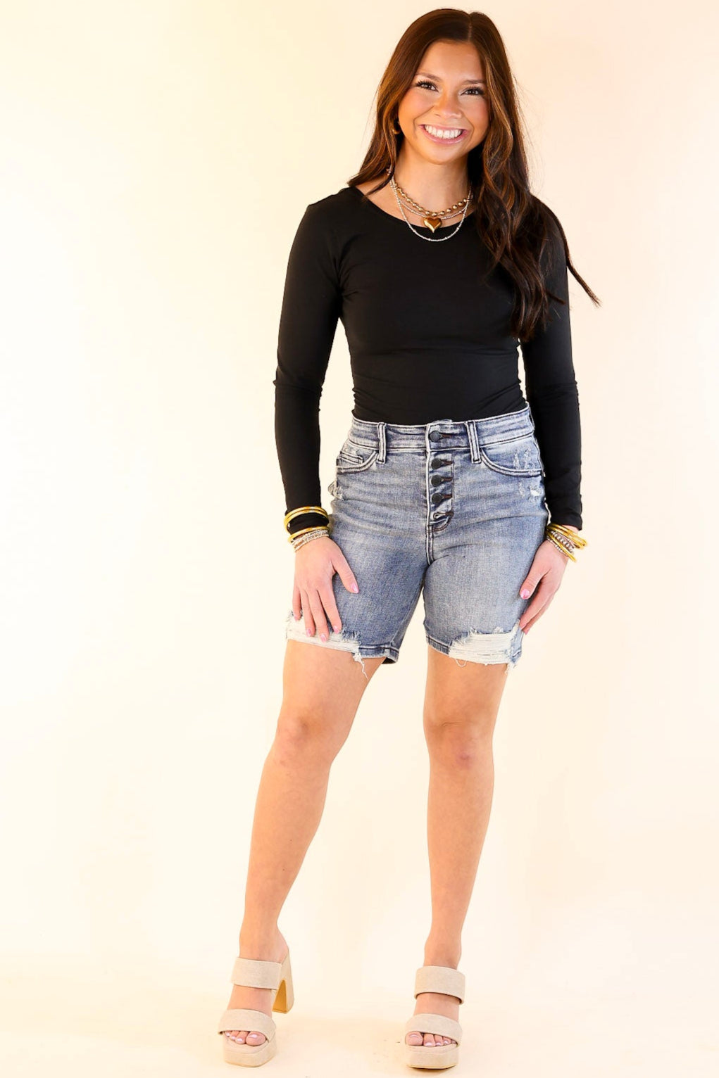 Judy Blue | Spring Bliss Button Fly Mid Length Shorts with Destroy in Medium Wash