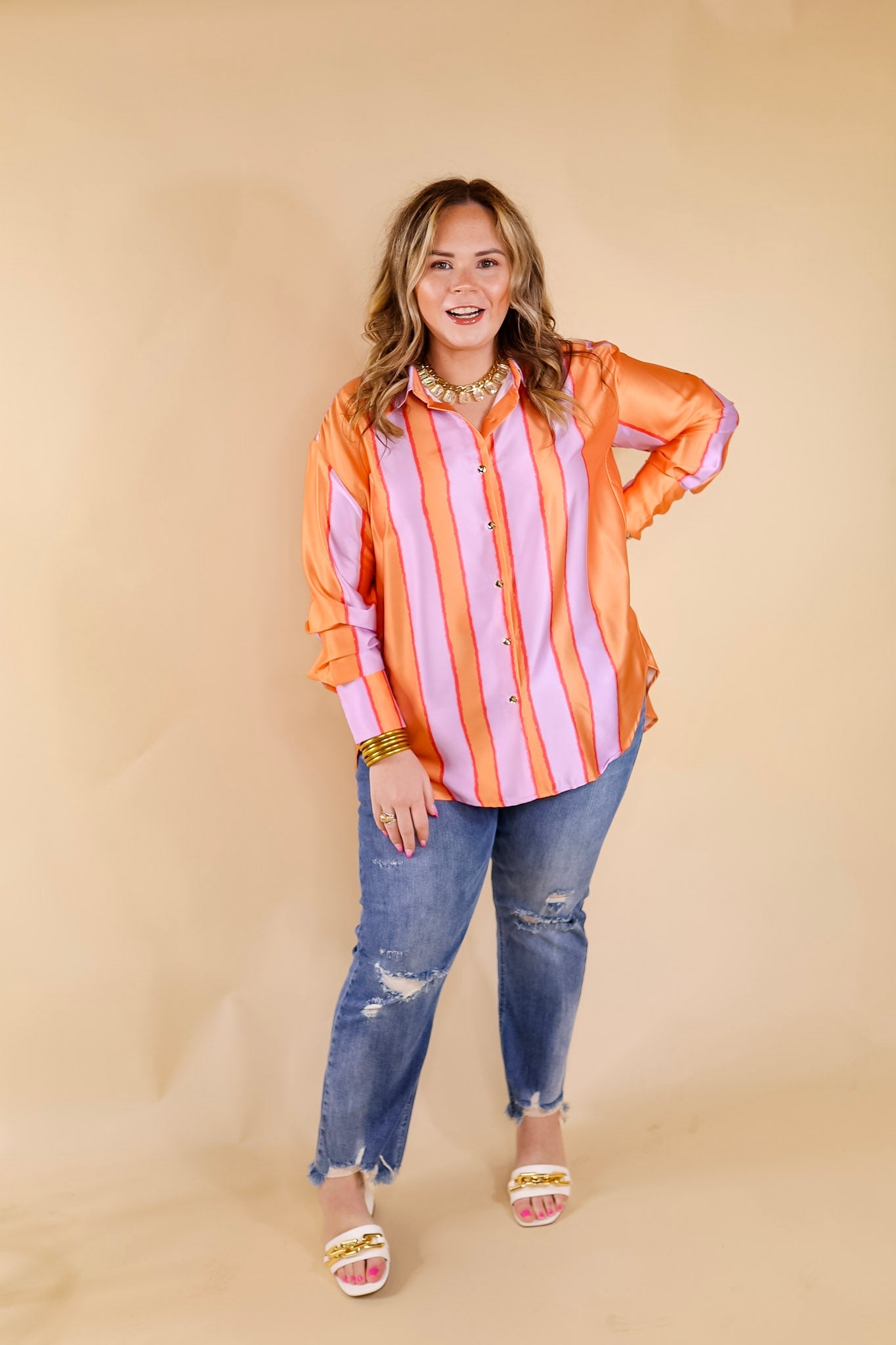 Match My Energy Striped Button Up Top in Lavender Purple and Orange - Giddy Up Glamour Boutique