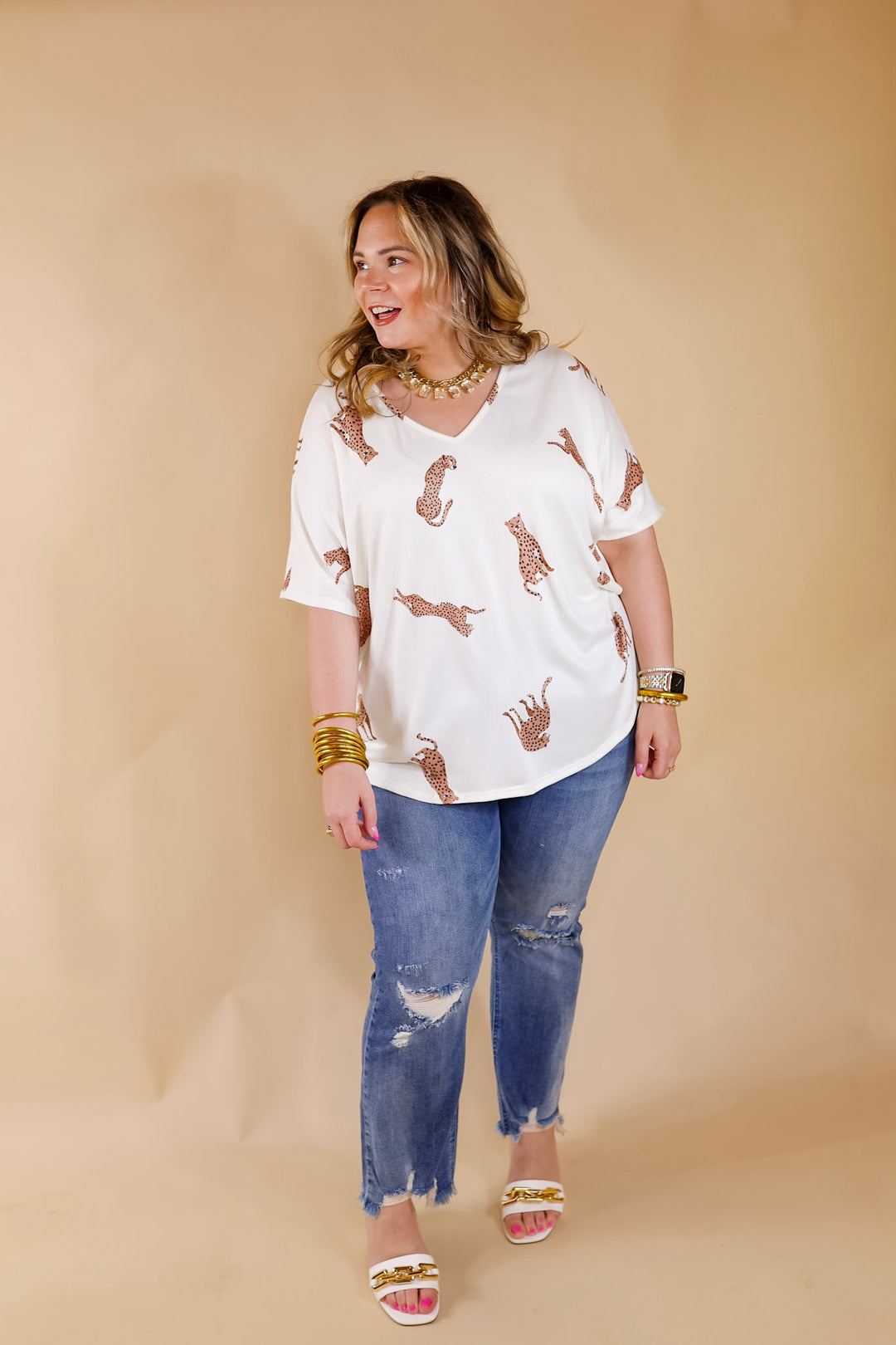 Wild Side Cheetah Print V Neck Top with Short Sleeves in Ivory - Giddy Up Glamour Boutique