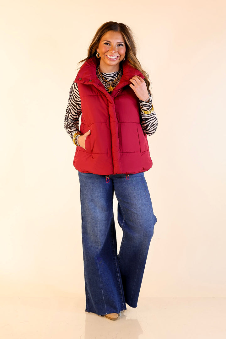 Evergreen Escape High Neck Puffer Vest in Maroon