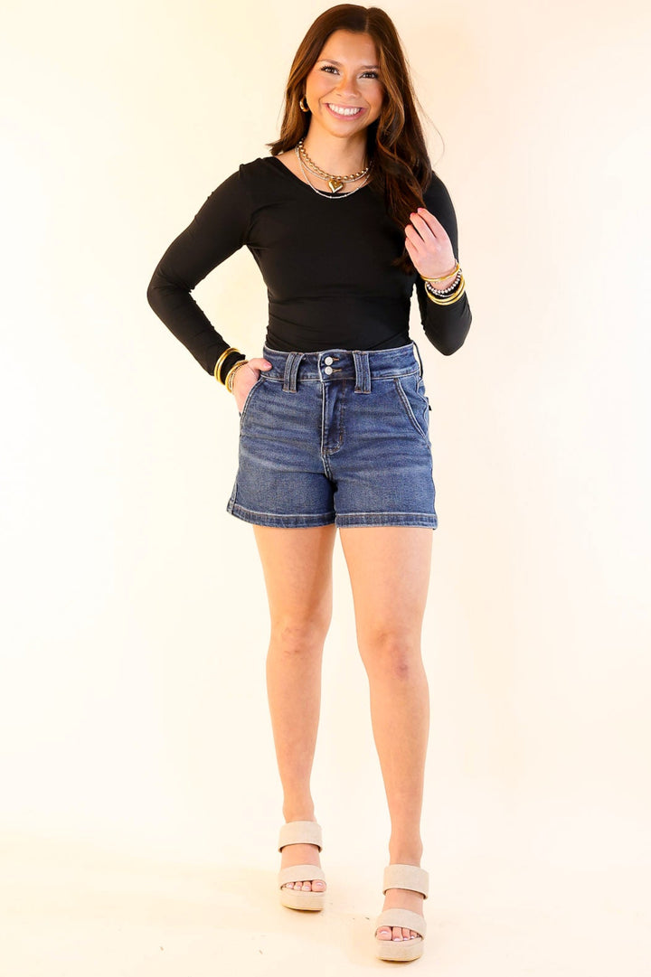 Judy Blue | Chic and Simple Trouser Shorts with Double Button Waistband in Dark Wash