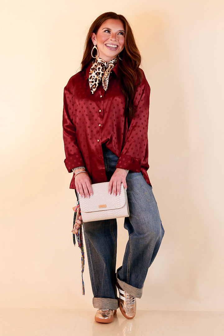 Polished Point of View Satin Collared Polka Dot Button Down Blouse with Gold Buttons in Maroon