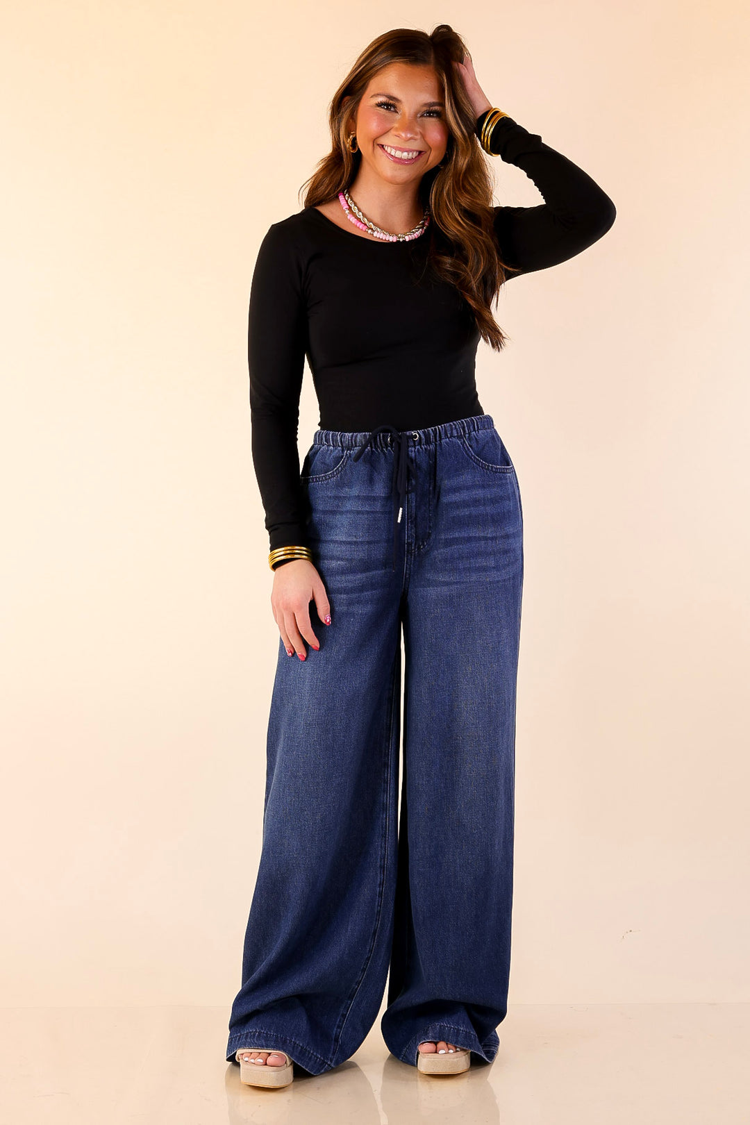 Judy Blue | Easy Like That Wide Leg Palazzo Featherweight Elastic Waistband Jeans in Dark Wash