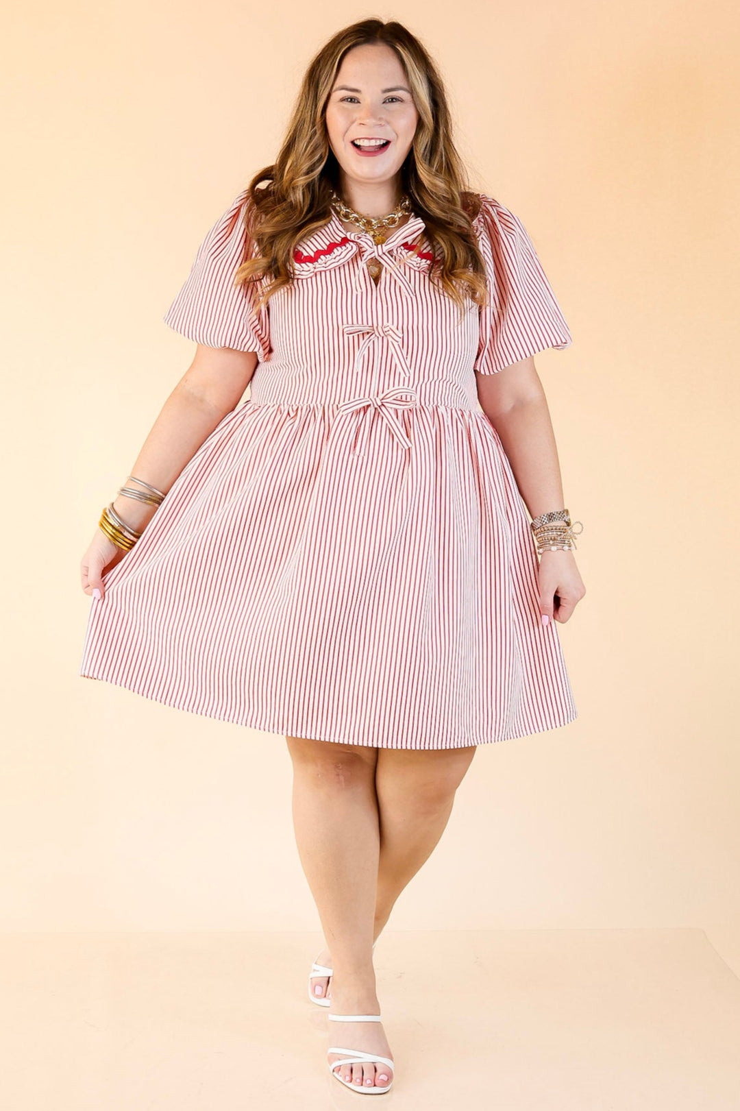 Sweet Statement Striped Babydoll Dress with Peter Pan Collar in Red and White