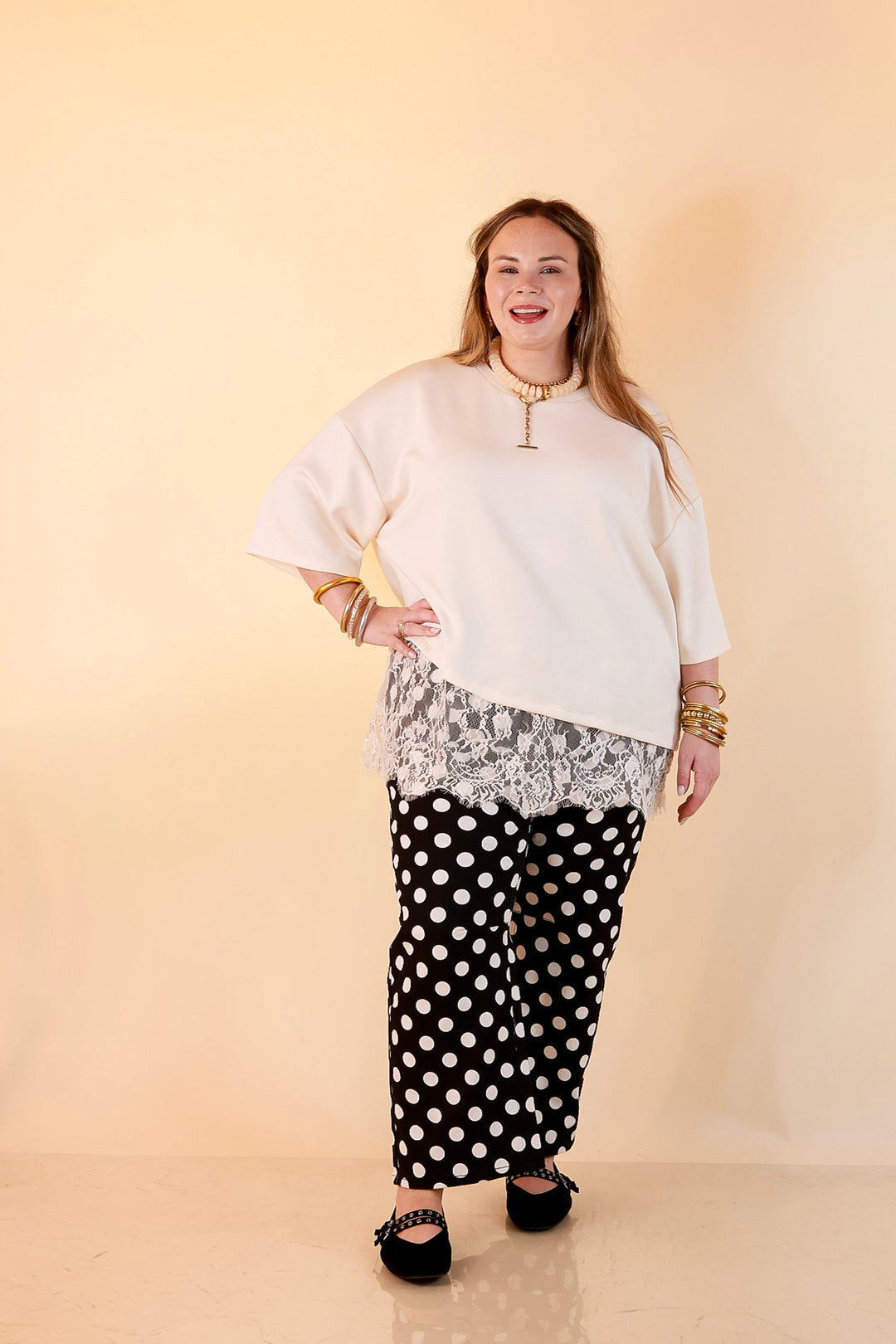 Just My Type Polka Dot Wide Leg Barrel Jeans with Drawstring Waist and Pockets in Black and White