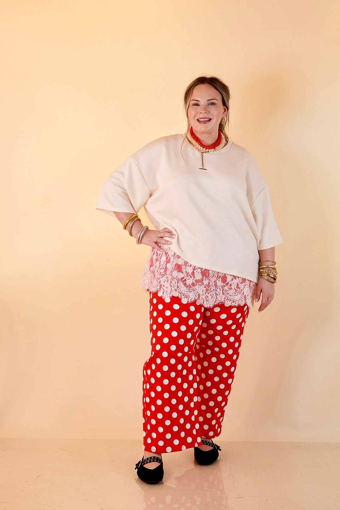 Just My Type Polka Dot Wide Leg Barrel Jeans with Drawstring Waist and Pockets in Red and White