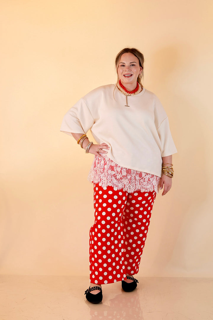 Just My Type Polka Dot Wide Leg Barrel Jeans with Drawstring Waist and Pockets in Red and White
