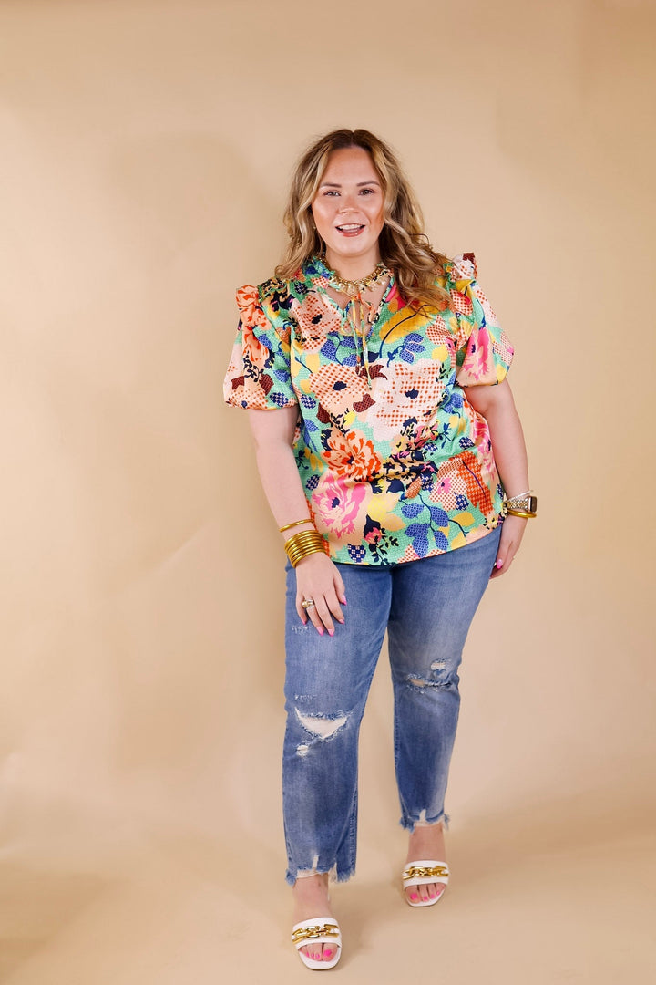 Malibu Villa Floral Print Top with Keyhole and Tie Neckline in Green Mix - Giddy Up Glamour Boutique