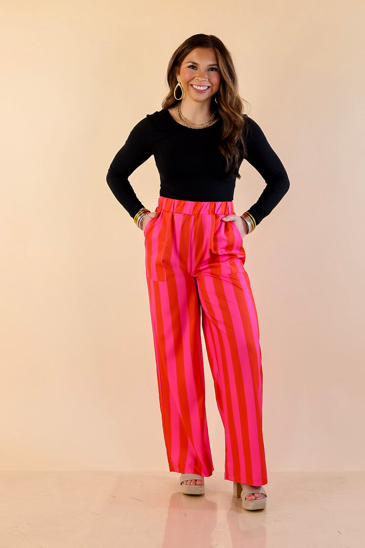 Electric Energy Elastic Waist Wide Leg Stripe Pants with Pockets in Pink and Red