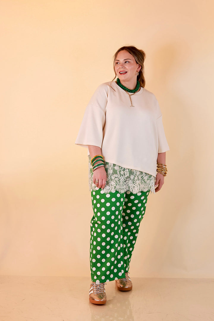 Just My Type Polka Dot Wide Leg Barrel Jeans with Drawstring Waist and Pockets in Green and White