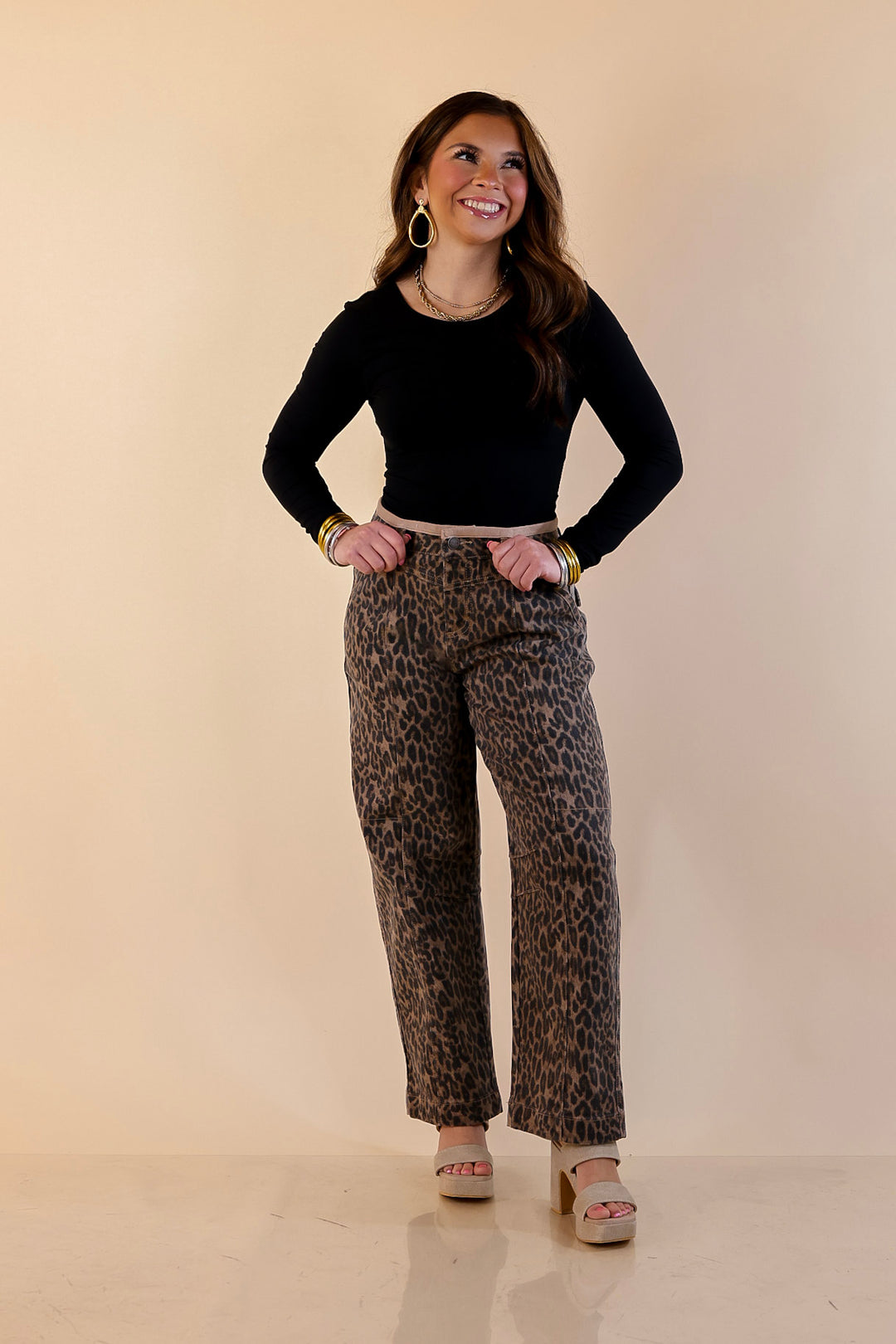 Risen | Wild Card Leopard Print Denim Barrel Jeans in Brown