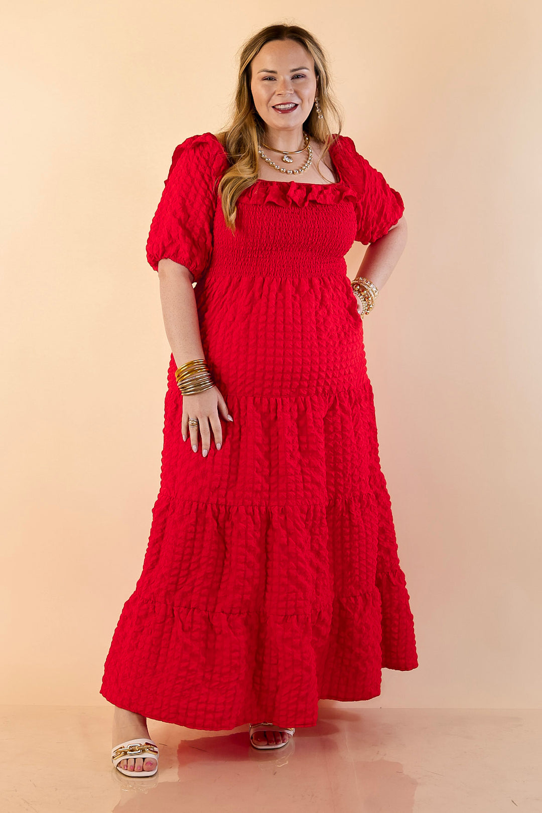 Simply Southern | Radiant Moment Textured Smocked Bodice Tiered Maxi Dress with Puff Sleeves in Red