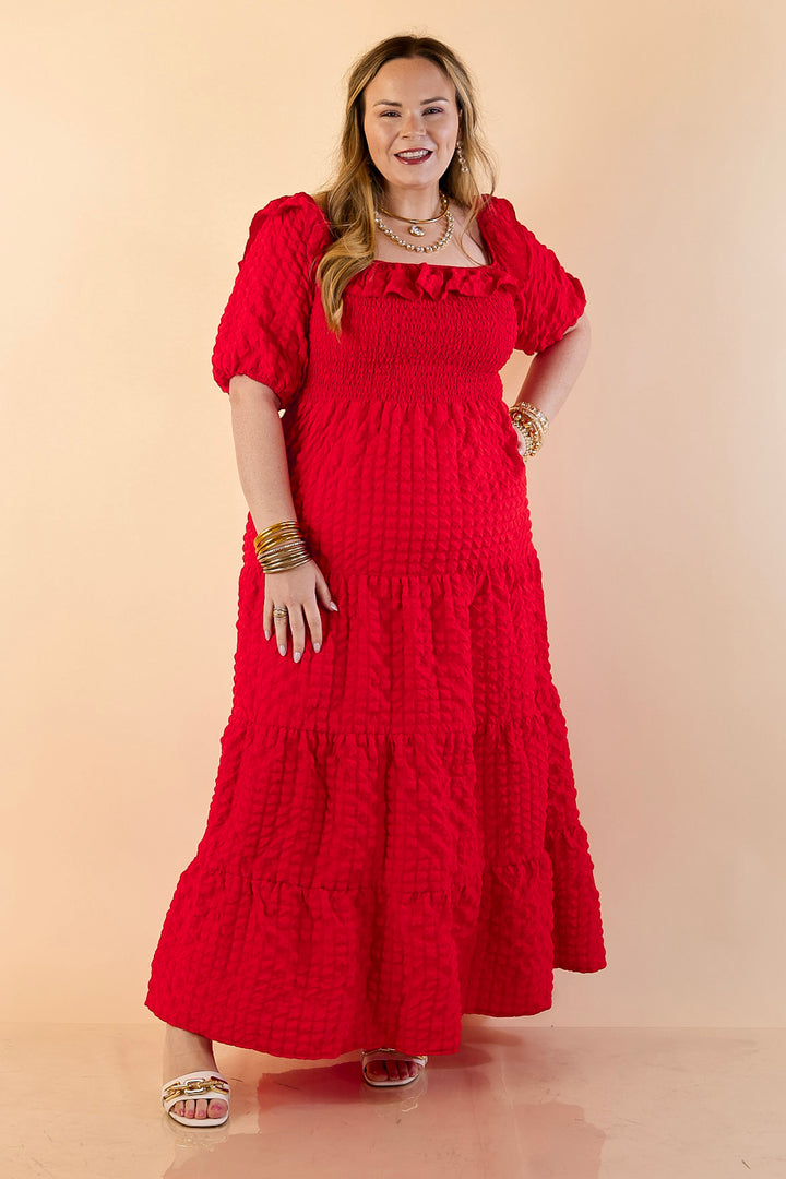 Simply Southern | Radiant Moment Textured Smocked Bodice Tiered Maxi Dress with Puff Sleeves in Red
