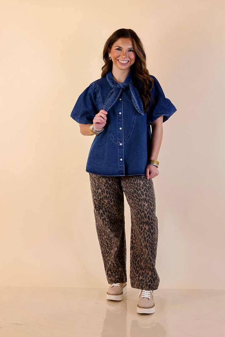 Tie the Moment Denim Pearl Snap Button Front Top with Statement Tie Neckline and Puff Sleeves in Medium Wash