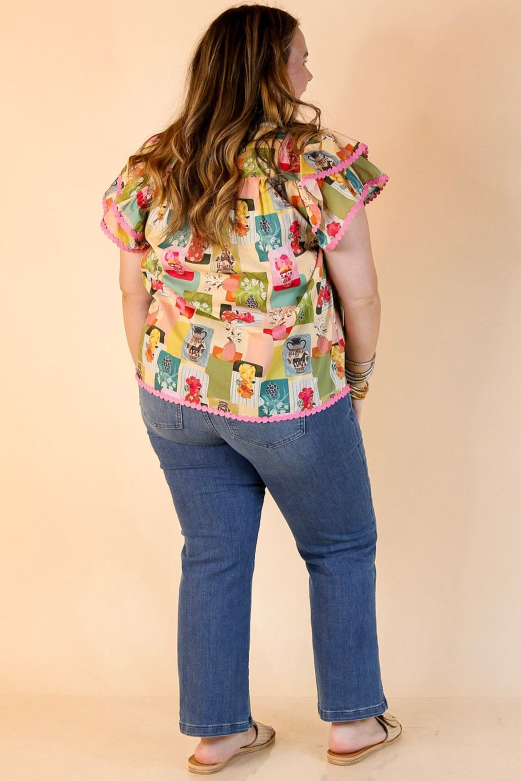 First Choice V Neck Multicolor Abstract Floral Print Top with Ruffle Cap Sleeves