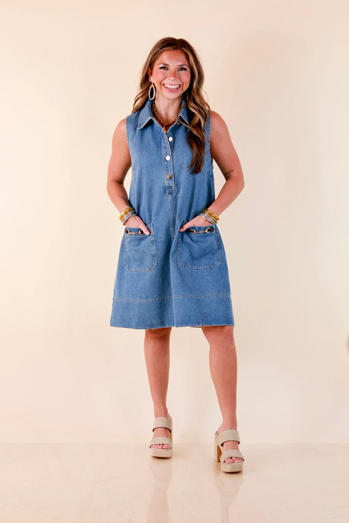 Easy on Repeat Collared Sleeveless Denim Dress with Horse Bit Detailing in Medium Wash