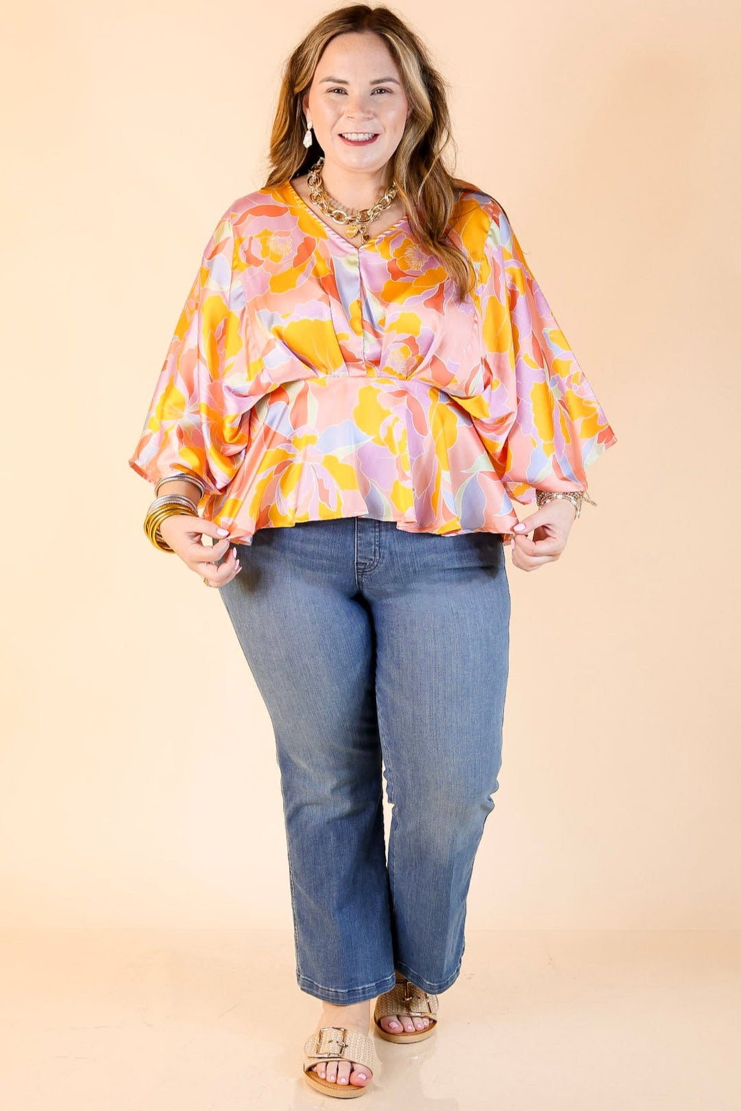 Hear the Music Drop Sleeve Satin Mosaic Print V Neck Peplum Top in Coral Pink Mix