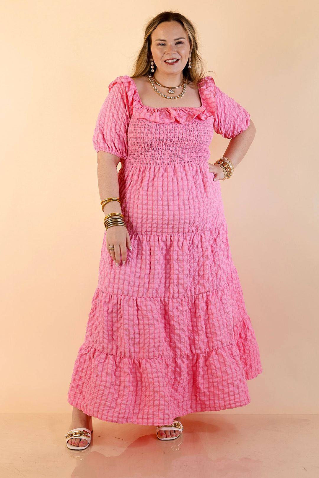 Simply Southern | Radiant Moment Textured Smocked Bodice Tiered Maxi Dress with Puff Sleeves in Pink