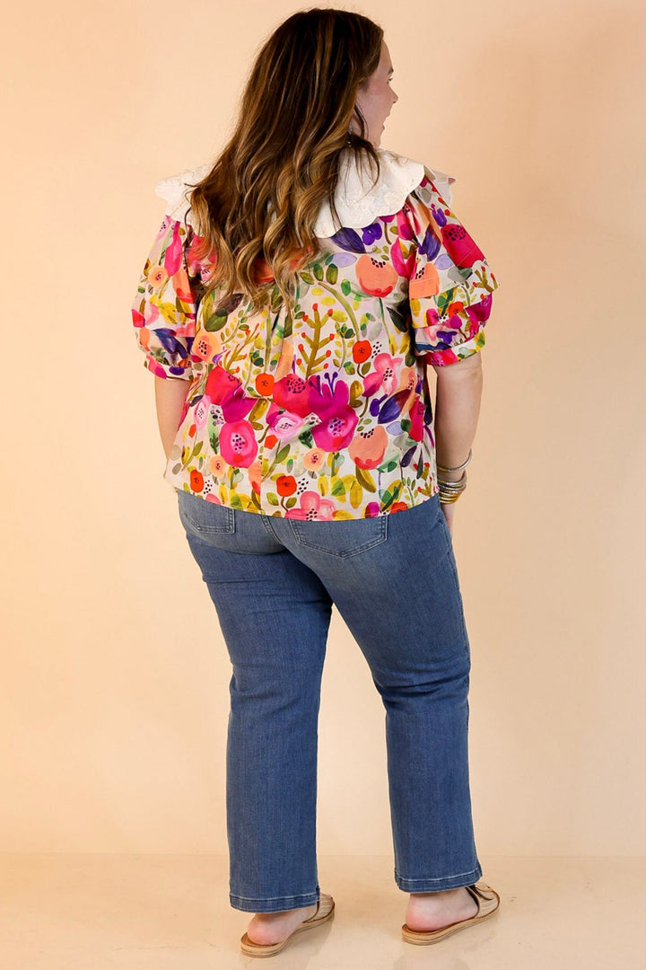 Lovely Look Multicolor Floral Print Top with White Peter Pan Collar