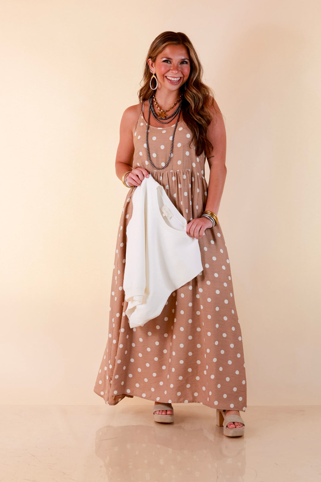 Two Ways to Charm Polka Dot Spaghetti Strap Dress Set with Detachable Ivory Top in Taupe