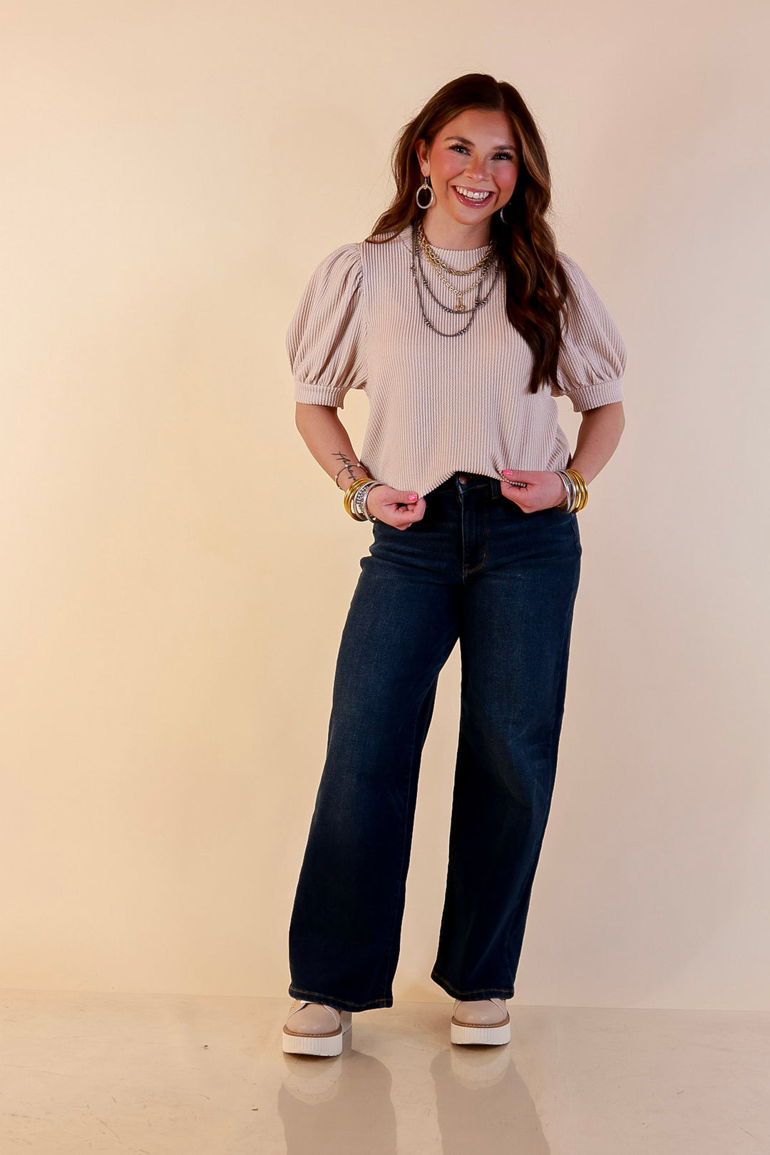 Sweet Sophistication Puff Short Sleeve Ribbed Top with Scoop Neck in Beige