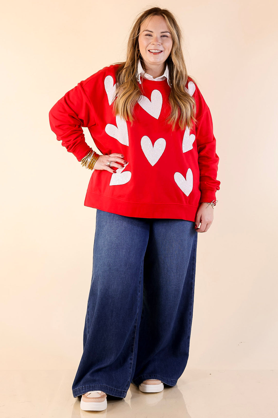 Mud Pie | Heart on My Sleeve Oversized Sequin Hearts Graphic Sweatshirt in Red