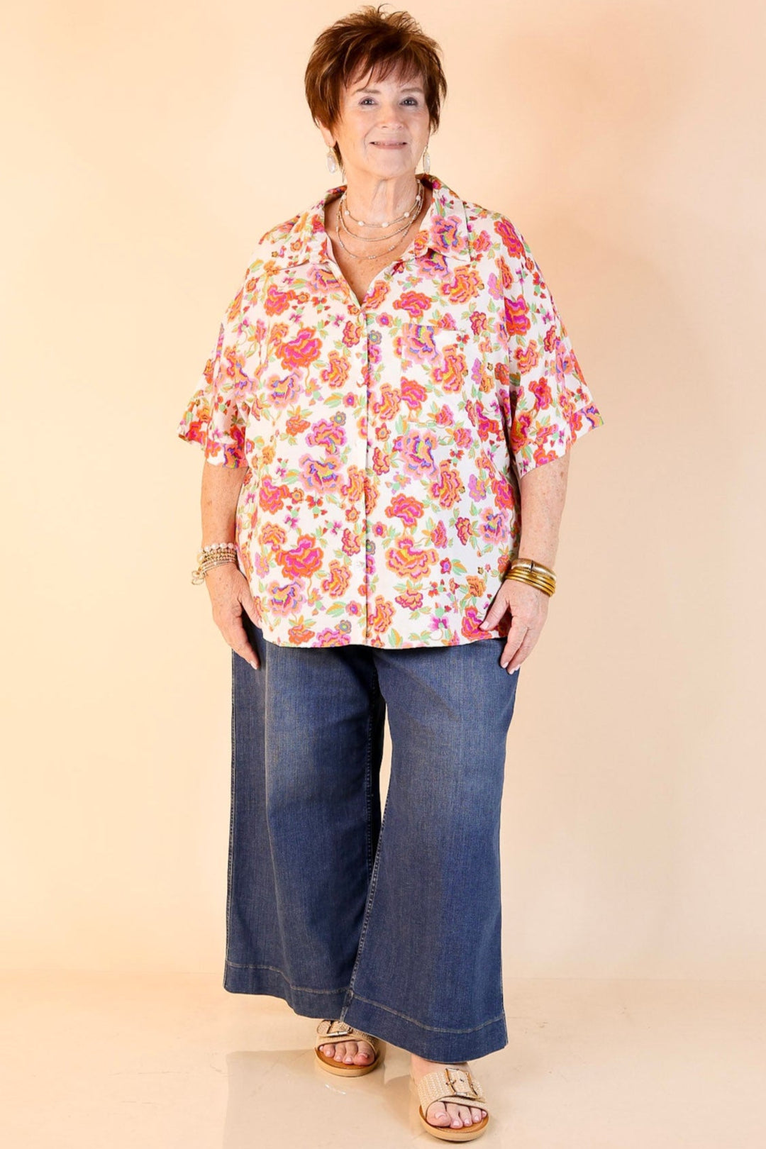 Enchanted Blooms Floral Print Top with Collar in Off White