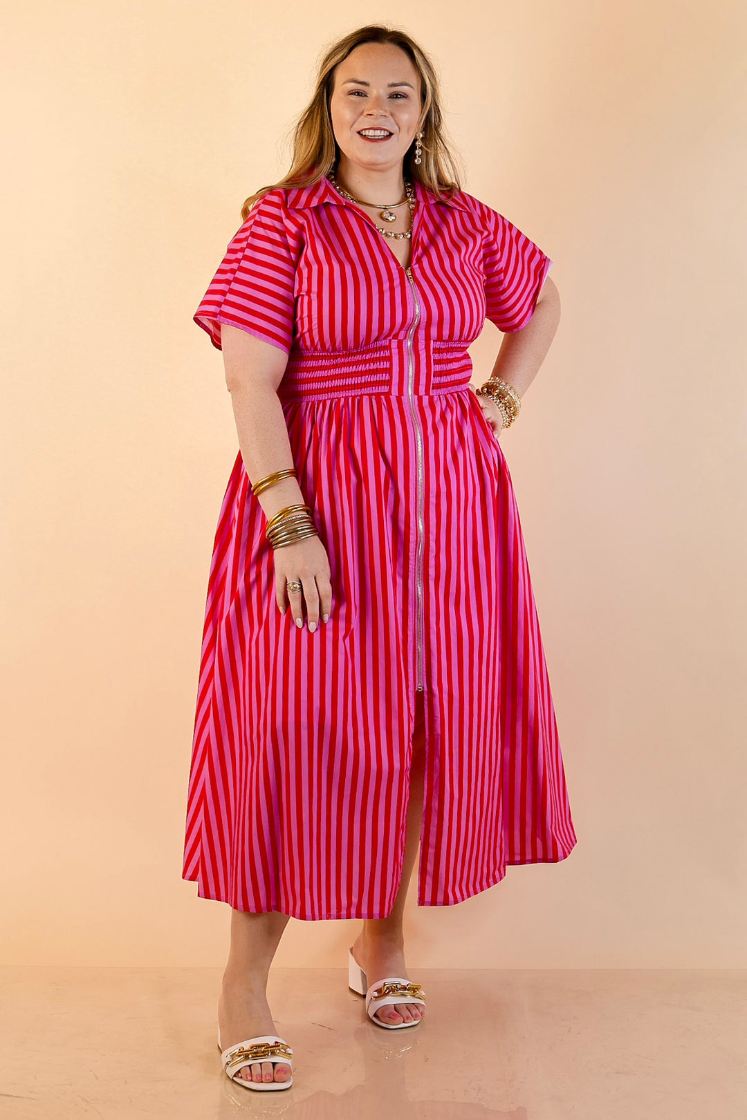Modern Charm Zip Front Midi Striped Print Dress with Smocked Waist and Short Sleeves in Pink and Red