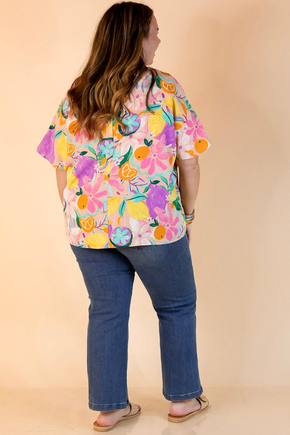 Majestic Moment V Neck Fruit Print Poncho Top in Blush Pink