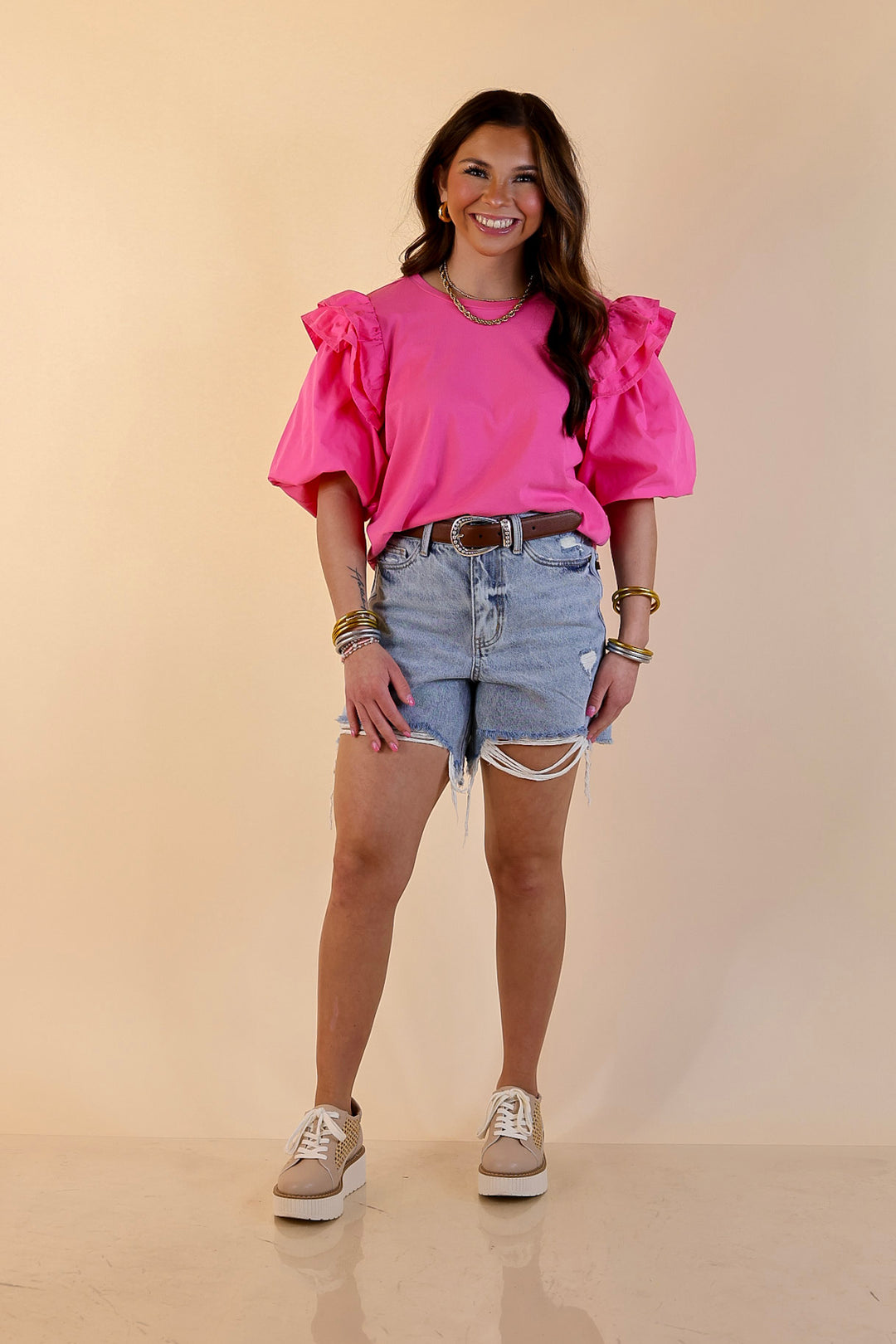 Mud Pie | Standout Style Ruffle Puff Sleeve Knit Top in Hot Pink