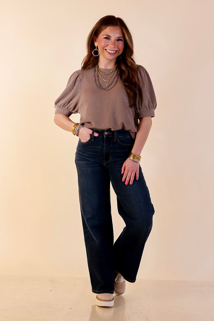 Sweet Sophistication Puff Short Sleeve Ribbed Top with Scoop Neck in Mocha Brown