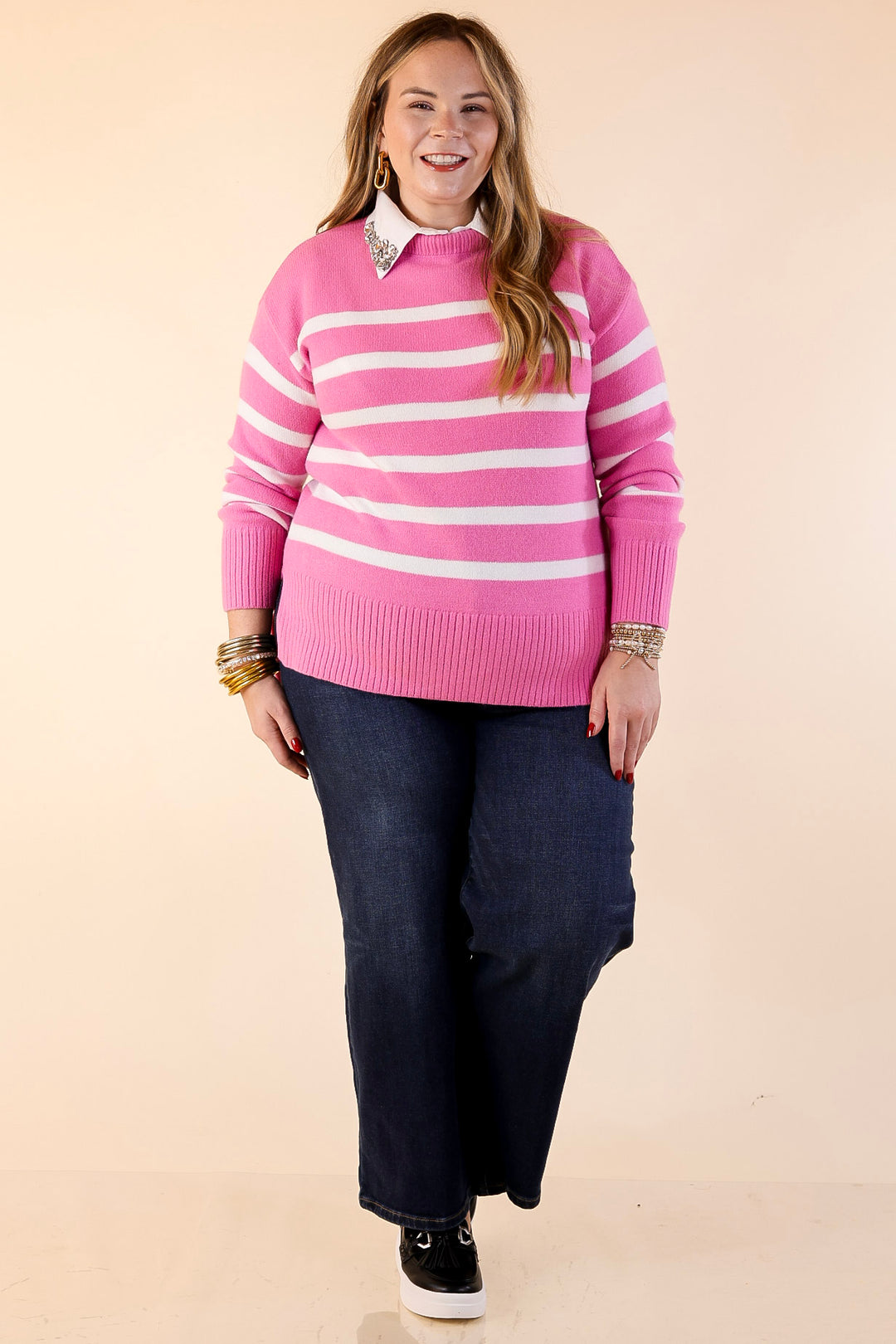 Chilly Day Charm Mock Neck Long Sleeve High-Low Striped Sweater in Pink with Ivory Stripes