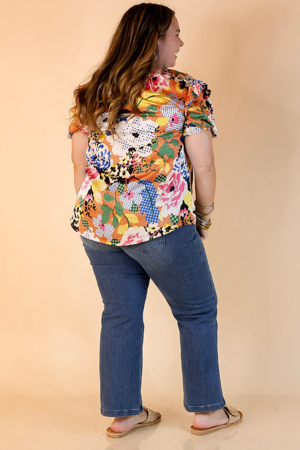 Malibu Villa Floral Print Top with Keyhole and Tie Neckline in Orange Mix