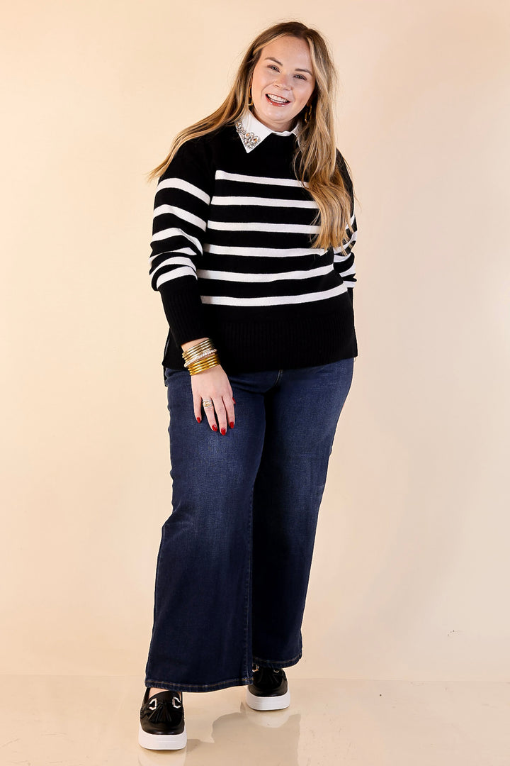 Chilly Day Charm Mock Neck Long Sleeve High-Low Striped Sweater in Black with Ivory Stripes