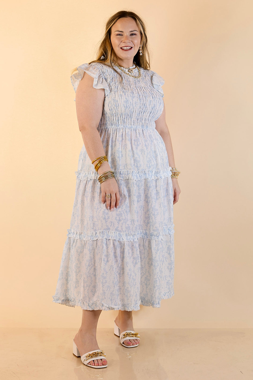 Mud Pie | Graceful Charm Smocked Toile Print Tiered Midi Dress with Ruffle Sleeves in Blue and White
