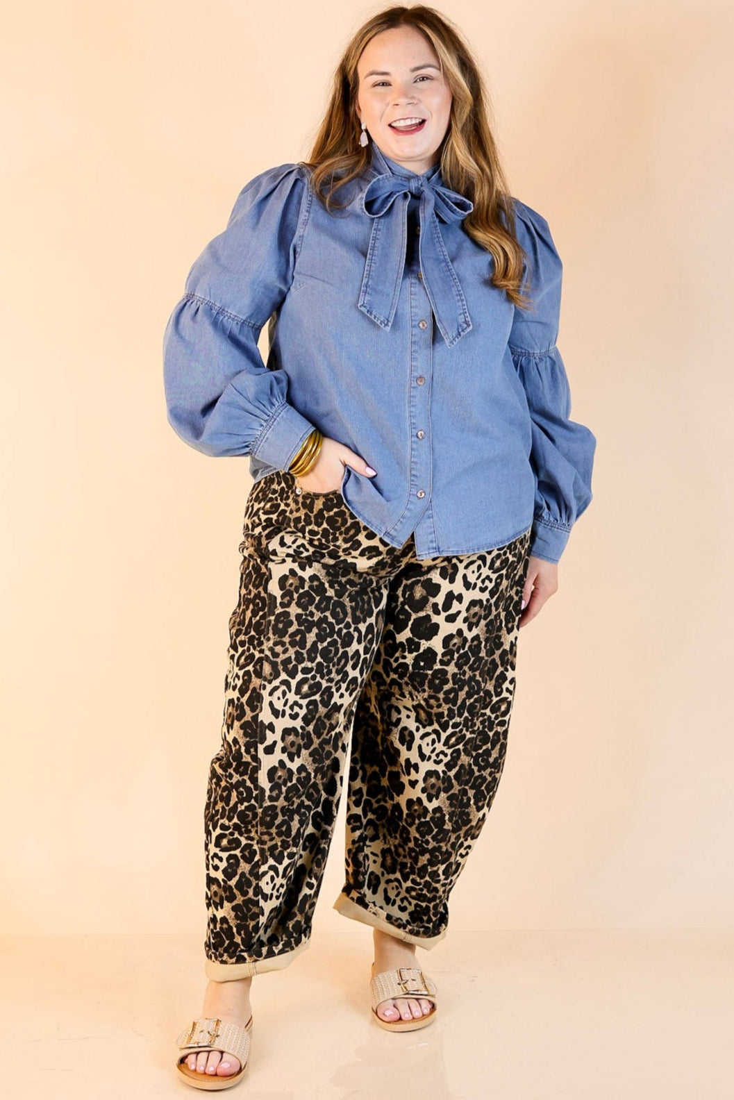 Steal the Show Denim Long Sleeve Button Up Top with Detachable Bow Tie