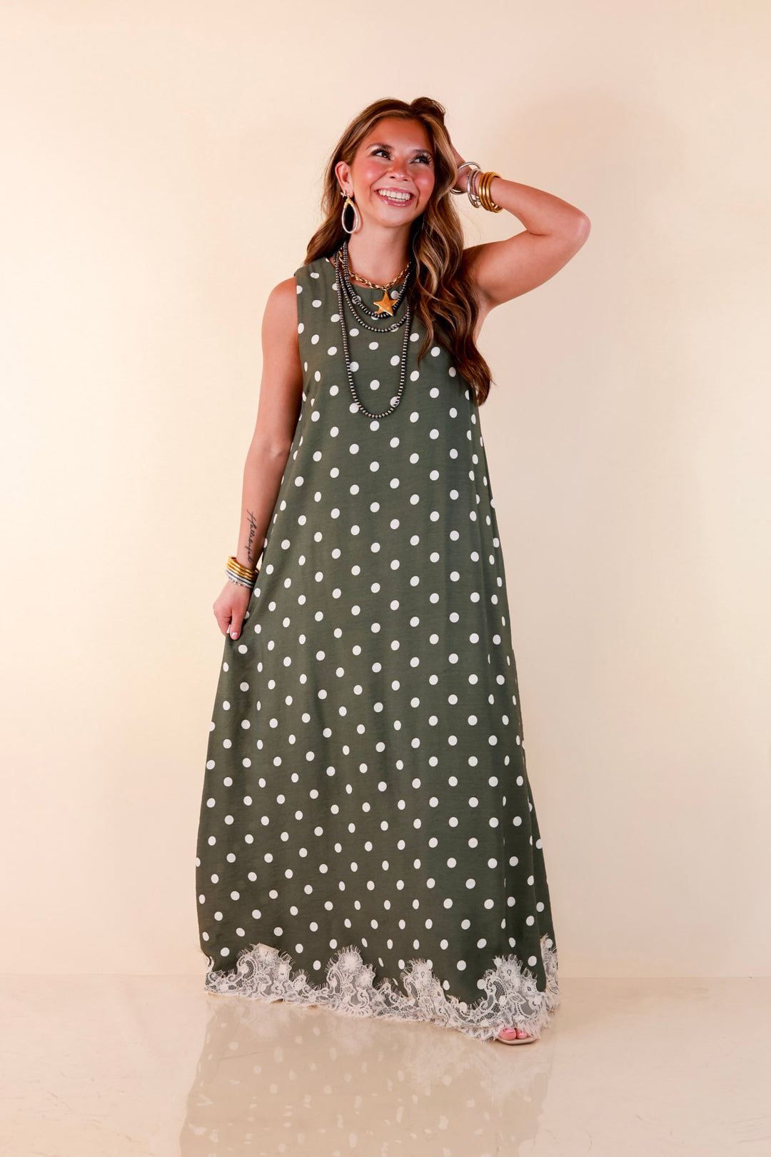 Sweet Little Something Polka Dot Sleeveless Maxi Dress with Lace Trim in Olive Green