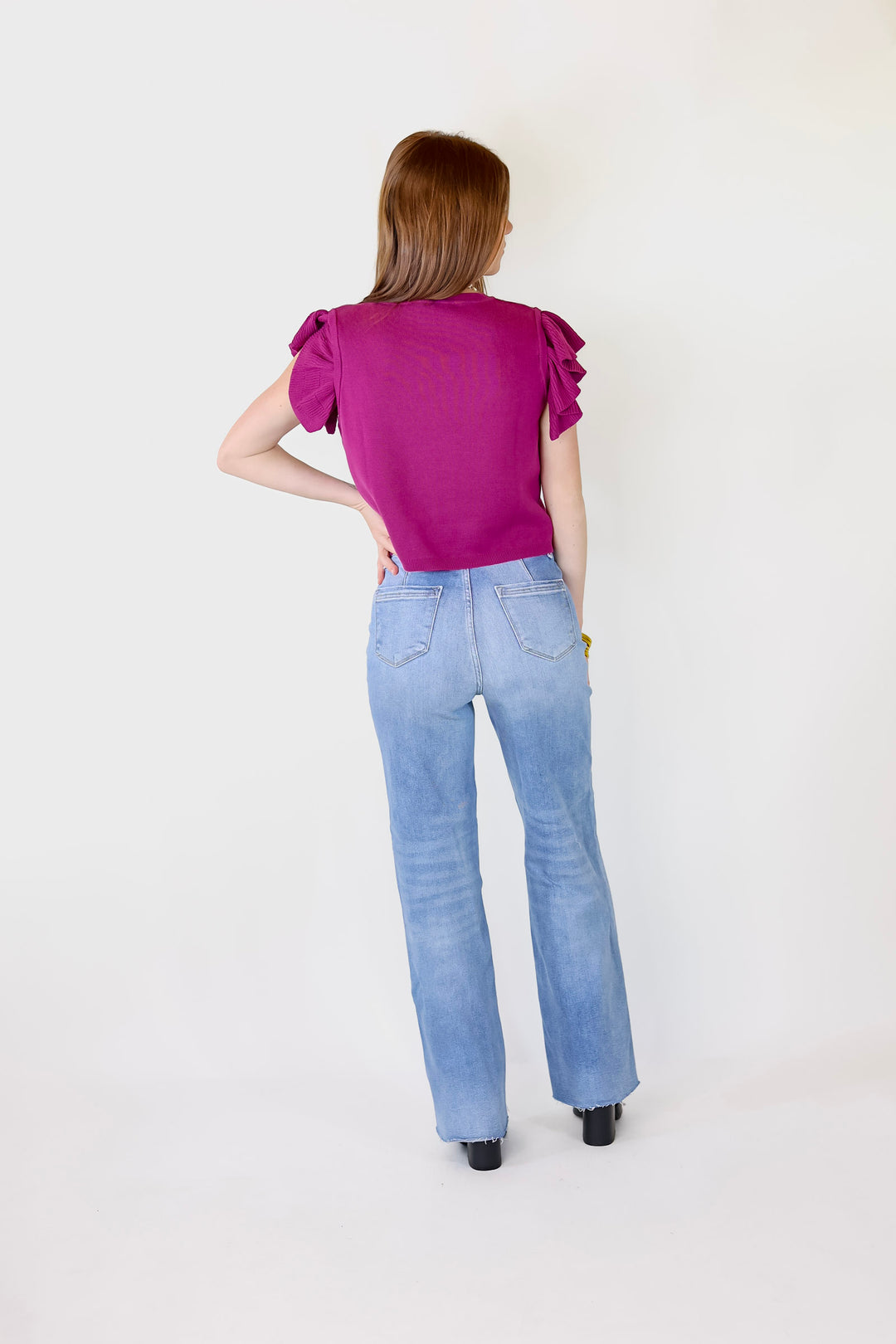 Talk This Way Cheetah Print Sweater with Ruffle Cap Sleeves in Plum Purple - Giddy Up Glamour Boutique