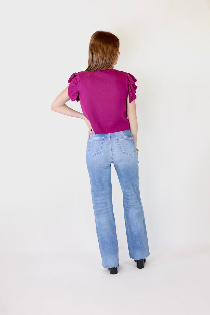 Talk This Way Cheetah Print Sweater with Ruffle Cap Sleeves in Plum Purple - Giddy Up Glamour Boutique