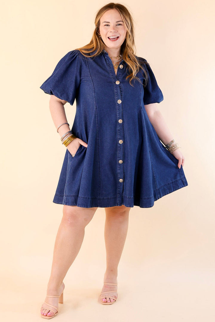 Denim Diva Button Up Denim Dress with Short Puff Sleeves
