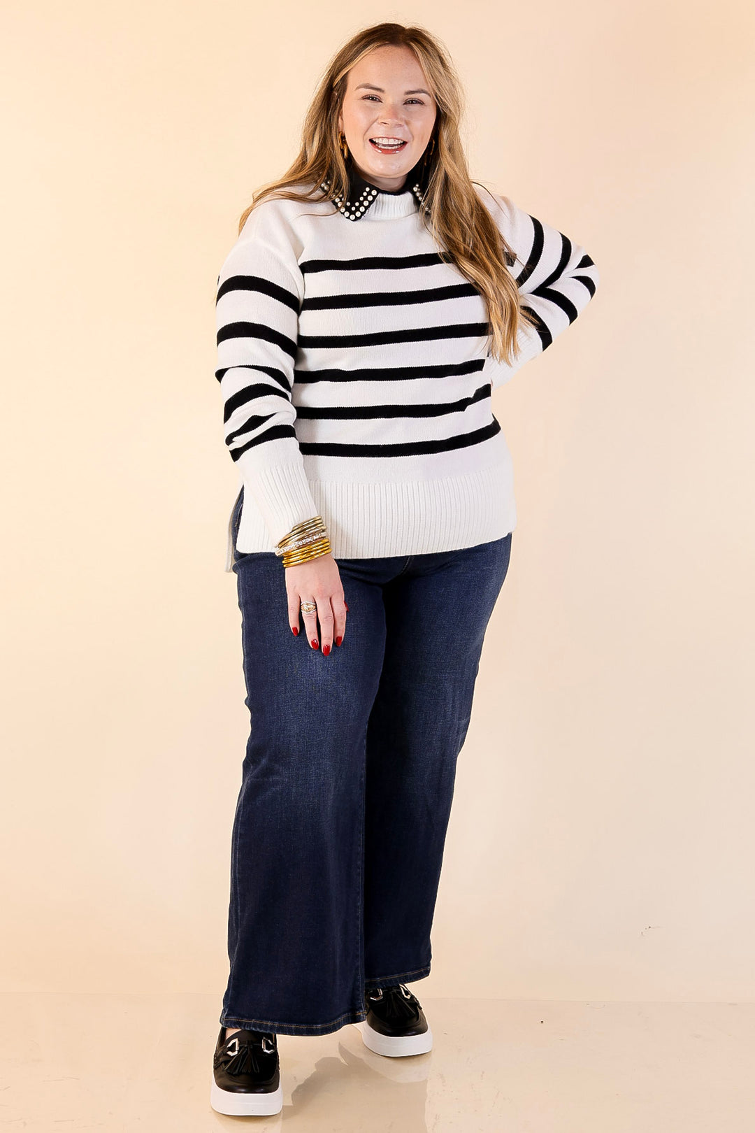 Chilly Day Charm Mock Neck Long Sleeve High-Low Striped Sweater in Ivory with Black Stripes
