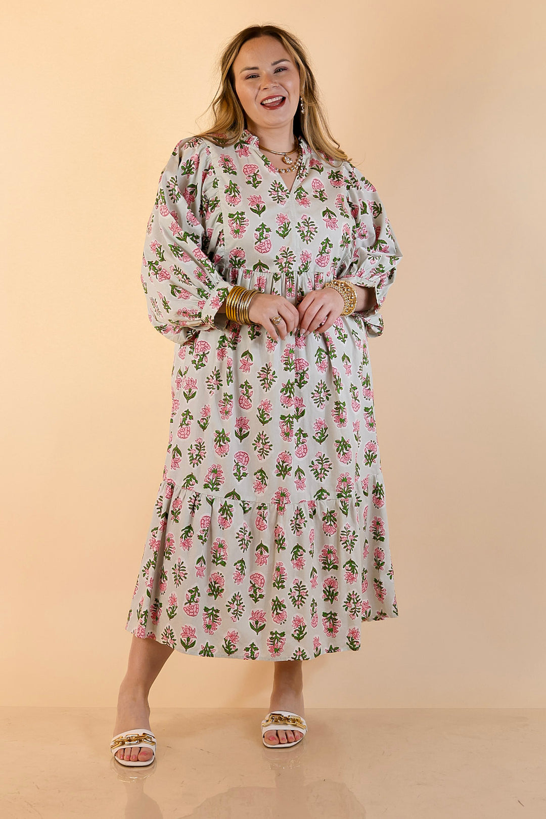 Mud Pie | Lovely Impression Cotton Poplin Floral Midi Dress with Ruffle Collar and Puff Sleeves in Sage Multi