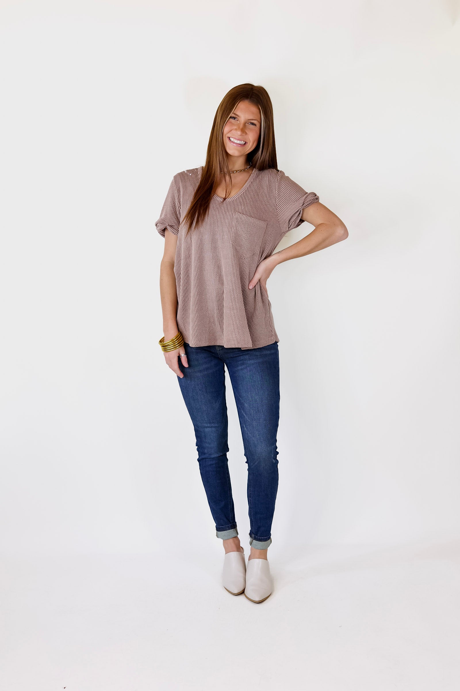 Only True Love Ribbed Short Sleeve Top with Front Pocket in Acorn Brown - Giddy Up Glamour Boutique
