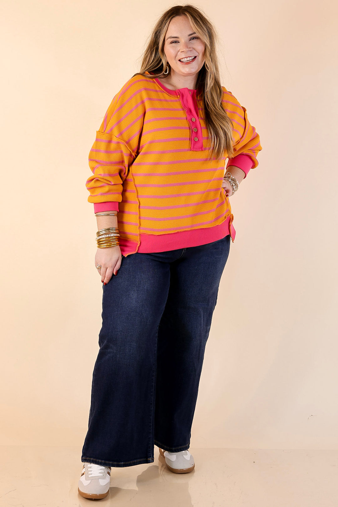 Casual Edge Long Sleeve Striped Henley Knit Top with Dropped Shoulders in Orange with Pink Stripes
