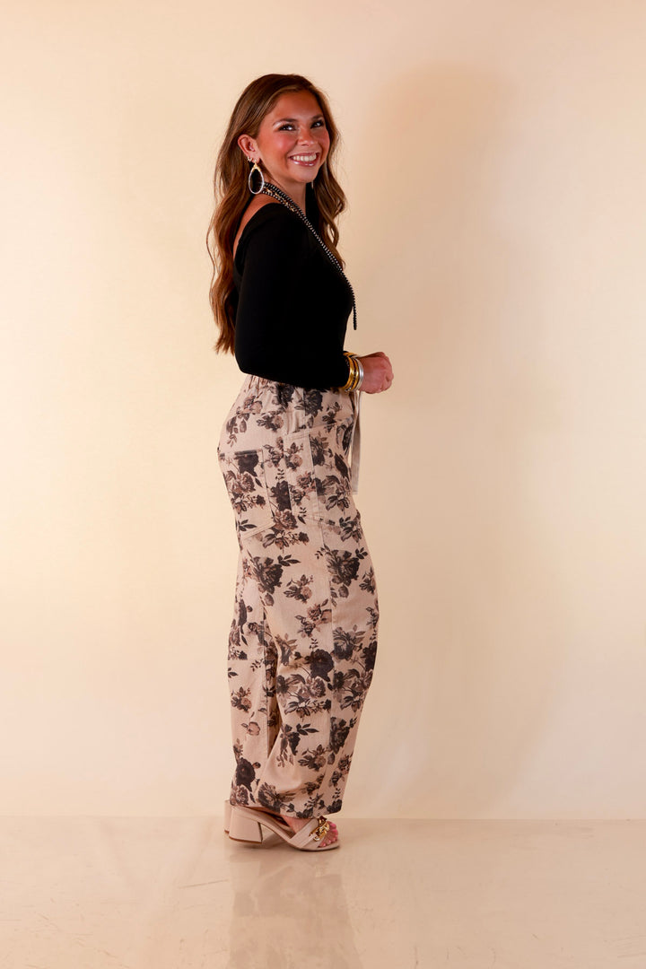 Just My Type Floral Print Wide Leg Barrel Jeans with Drawstring Waist in Beige
