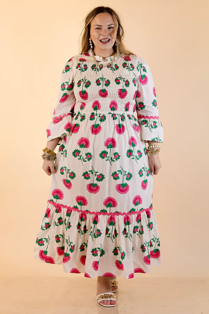 Mud Pie | Petal Parade Smocked Floral Print Tiered Midi Dress with Scallop Trim in Cream Multi