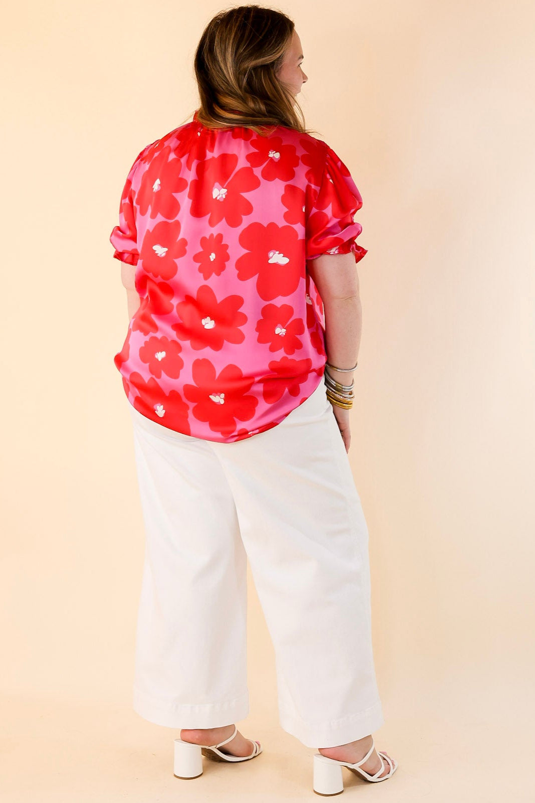 Divine Design Floral Blouse With Puffed Sleeve and Ruffle Neckline in Pink