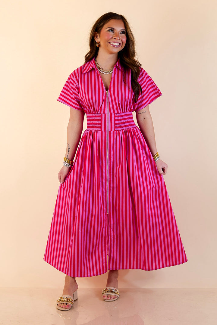 Modern Charm Zip Front Midi Striped Print Dress with Smocked Waist and Short Sleeves in Pink and Red