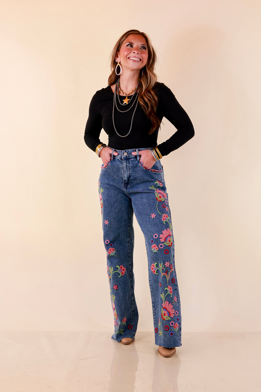 Artfully Yours Straight Leg Raw Hem Embroidered Denim Jeans in Medium Wash